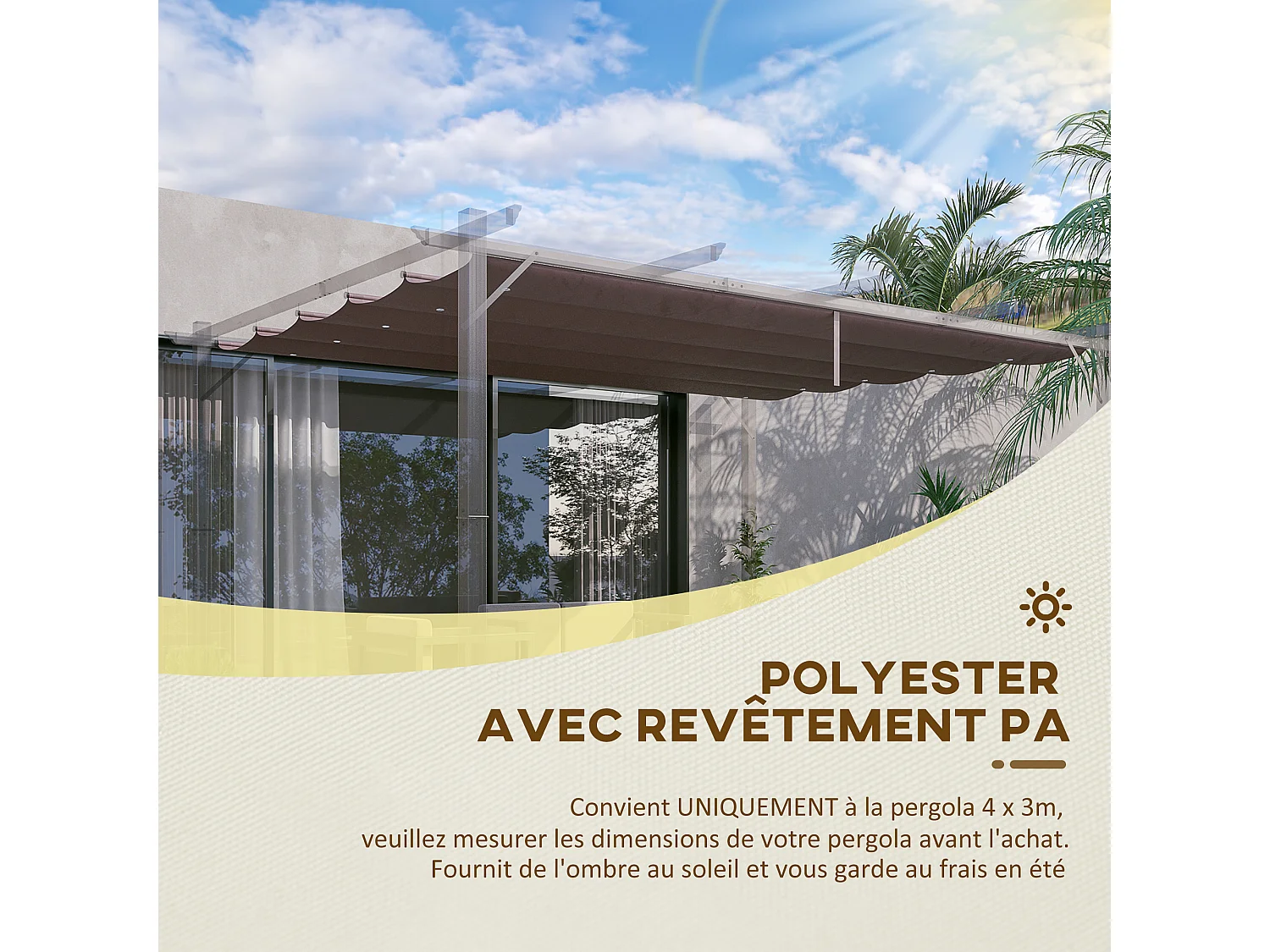 Toile de rechange pour pergola rétractable 4 x 3 m polyester haute densité 180 g/m² imperméabilisé chocolat