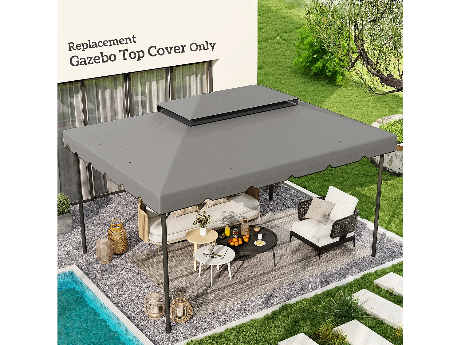 Toile de rechange pour pavillon tonnelle tente 3,90L x 2,90l m polyester haute densité 170 g/m² gris