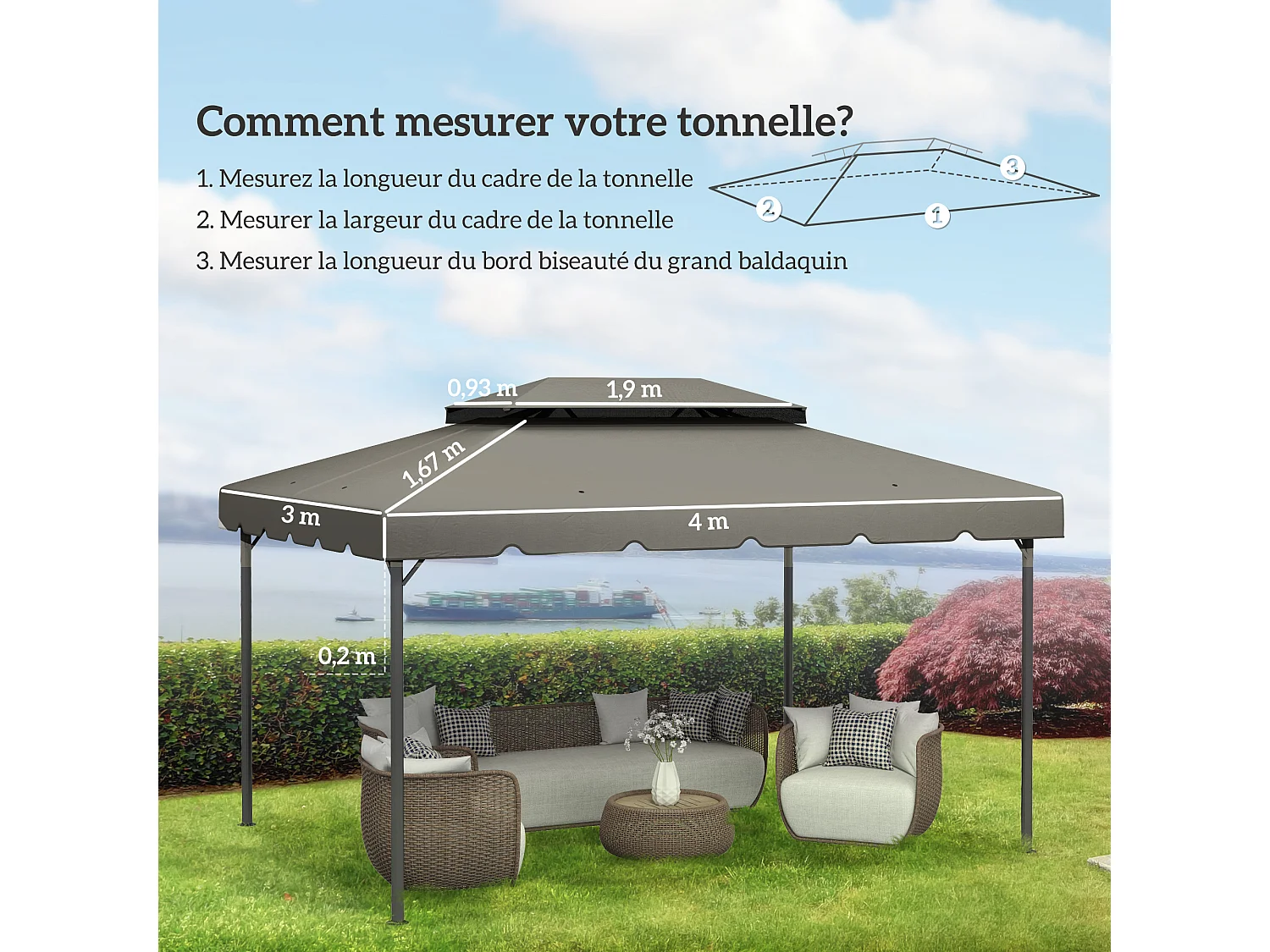 Toile de rechange pour pavillon tonnelle tente 3,90L x 2,90l m polyester haute densité 170 g/m² gris