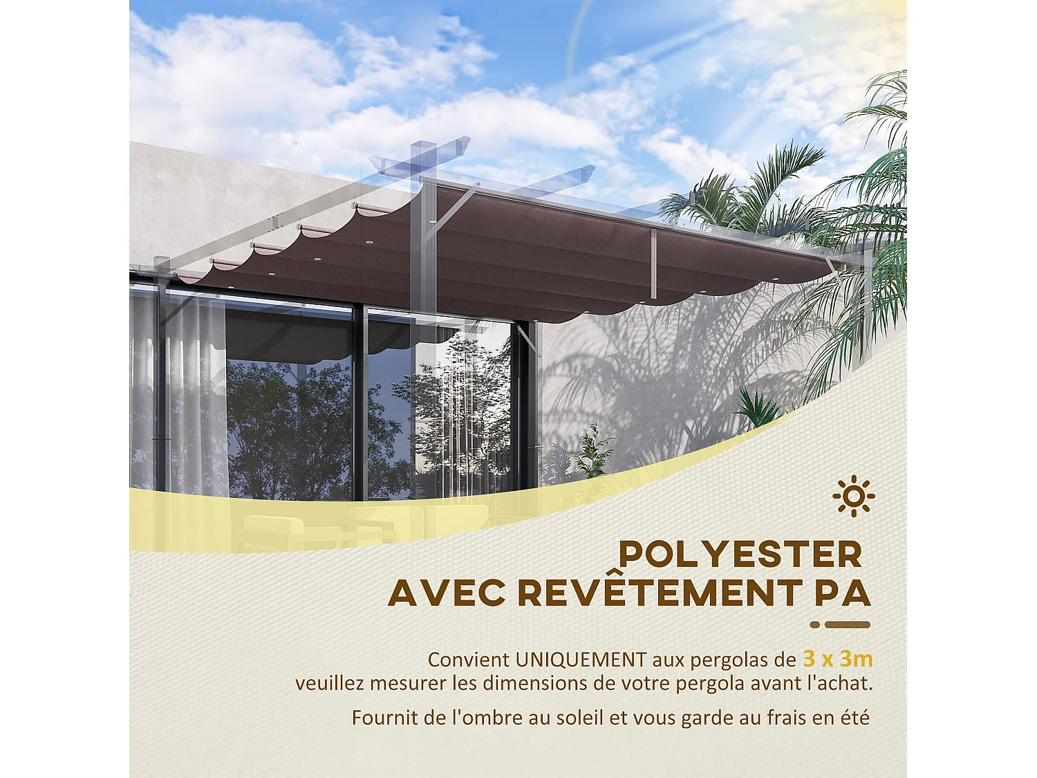 Toile de rechange pour pergola rétractable 3 x 3 m polyester haute densité 180 g/m² imperméabilisé chocolat