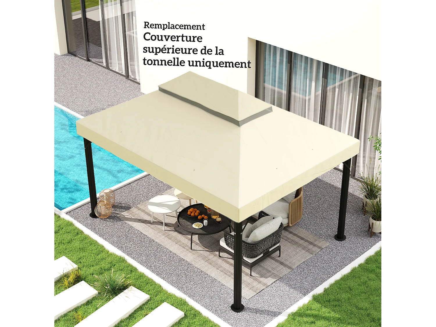 Toile de rechange barnum tonnelle 4 x 3 m - toit double avec œillets drainage - polyester haute densité 370 g/m² crème