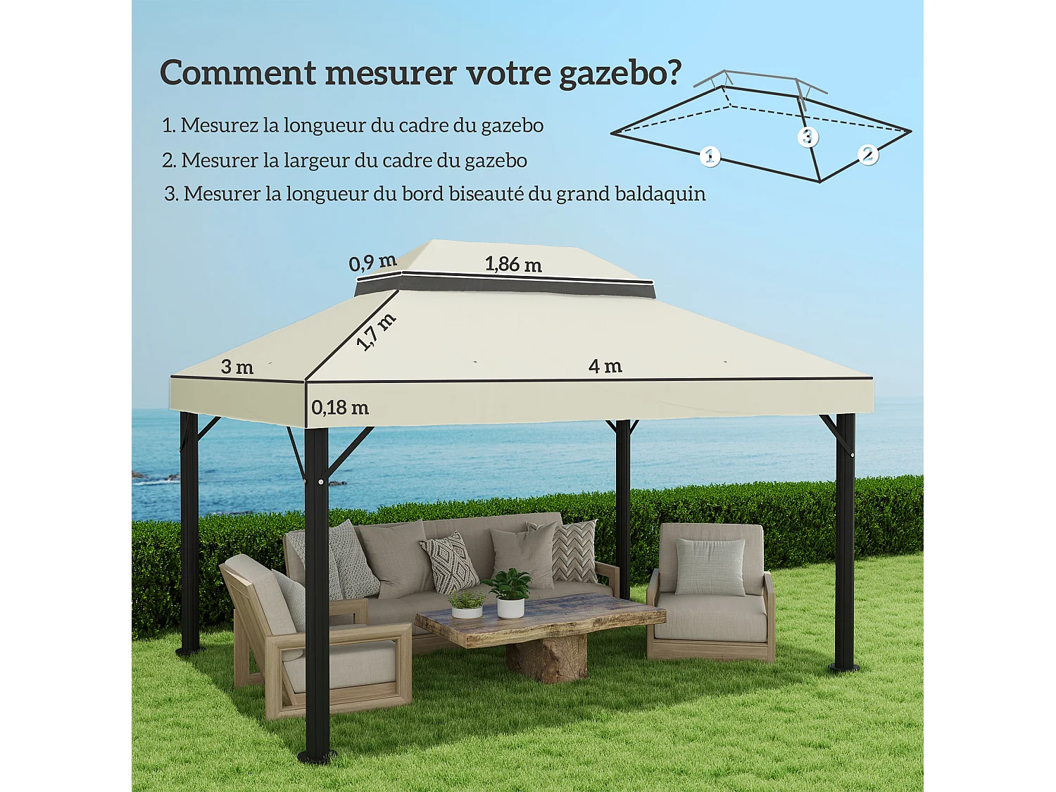 Toile de rechange barnum tonnelle 4 x 3 m - toit double avec œillets drainage - polyester haute densité 370 g/m² crème