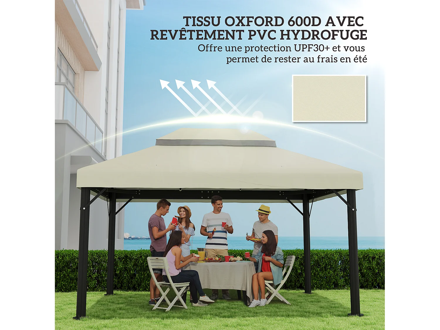 Toile de rechange barnum tonnelle 4 x 3 m - toit double avec œillets drainage - polyester haute densité 370 g/m² crème