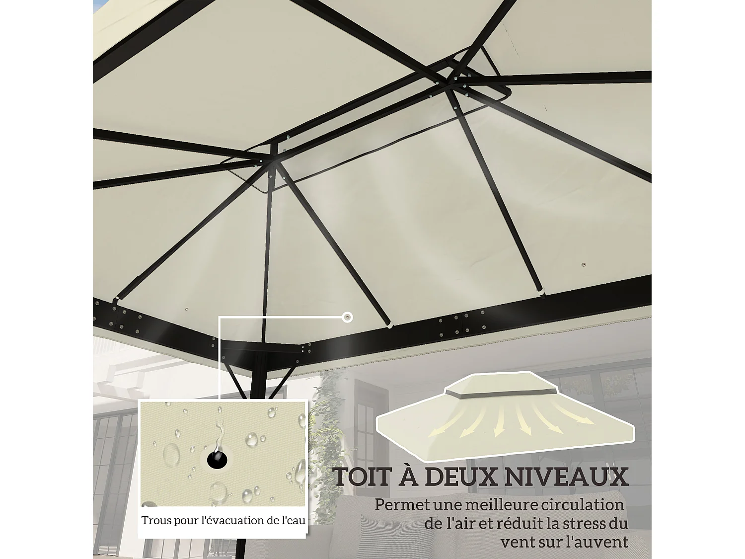 Toile de rechange barnum tonnelle 4 x 3 m - toit double avec œillets drainage - polyester haute densité 370 g/m² crème