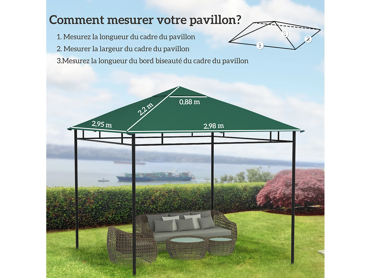 Toile de rechange pour pavillon tonnelle tente 3 x 3 m polyester haute densité 180 g/m² revêtement PA anti-UV vert