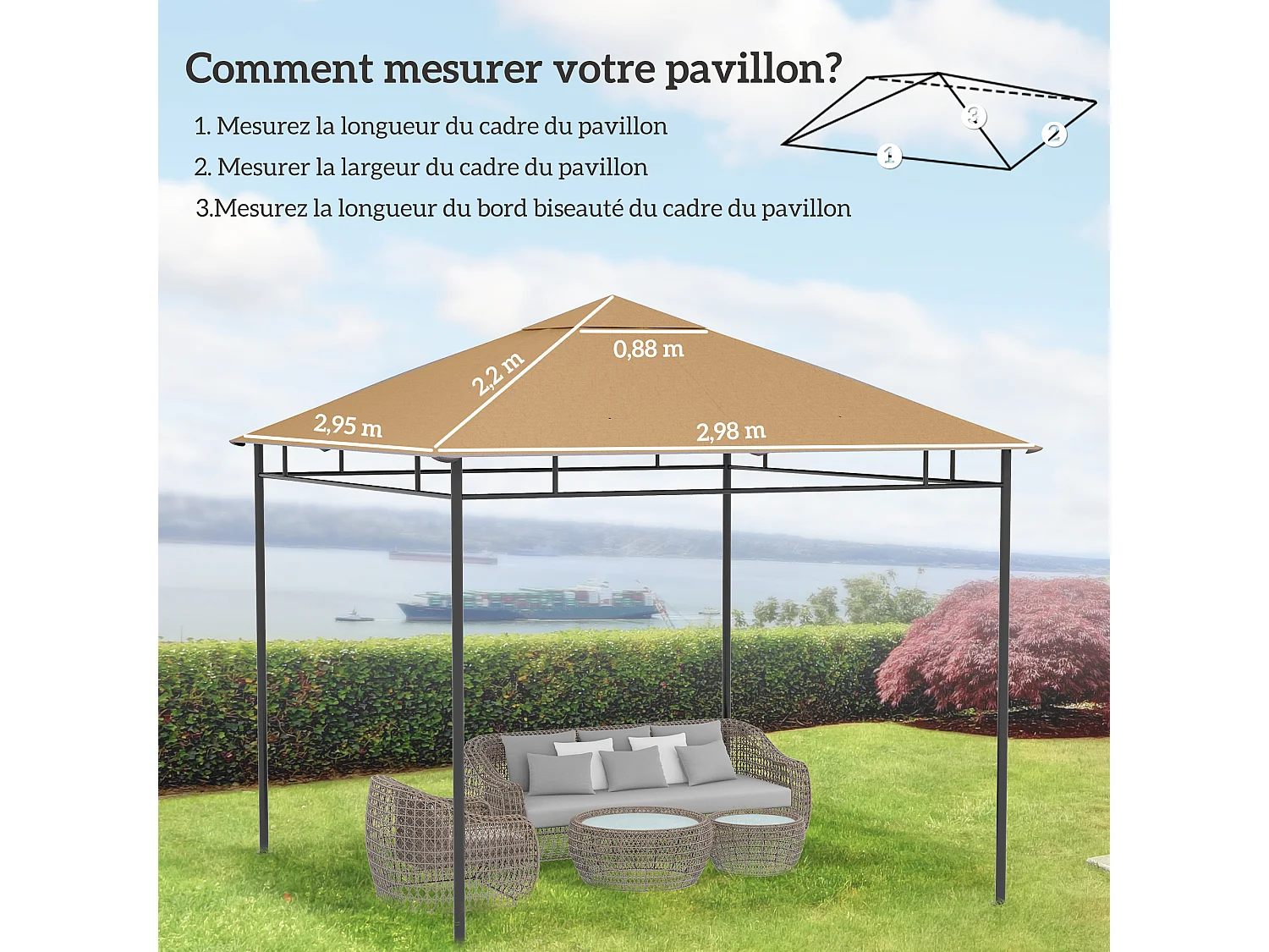 Toile de rechange pour pavillon tonnelle tente 3 x 3 m polyester haute densité 180 g/m² revêtement PA anti-UV beige