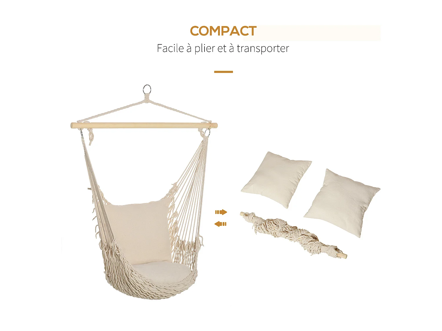 Chaise suspendue - fauteuil suspendu - assise dossier rembourrés - bois macramé tissu beige