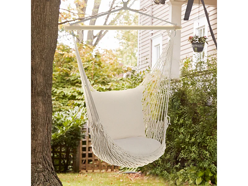 Chaise suspendue - fauteuil suspendu - assise dossier rembourrés - bois macramé tissu beige