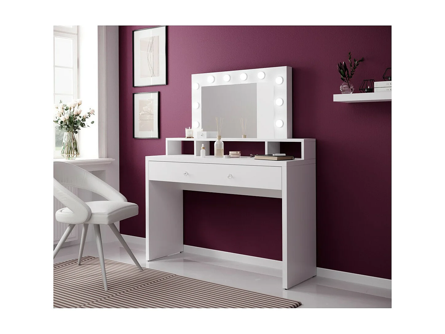 Coiffeuse SENSA blanche – Con espejo, cajón, estante y LED – Diseño limpio y funcional