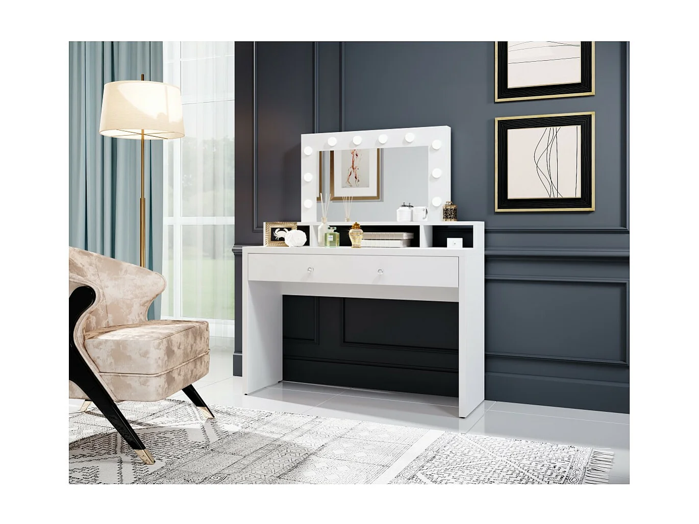 Coiffeuse SENSA blanche – Con espejo, cajón, estante y LED – Diseño limpio y funcional