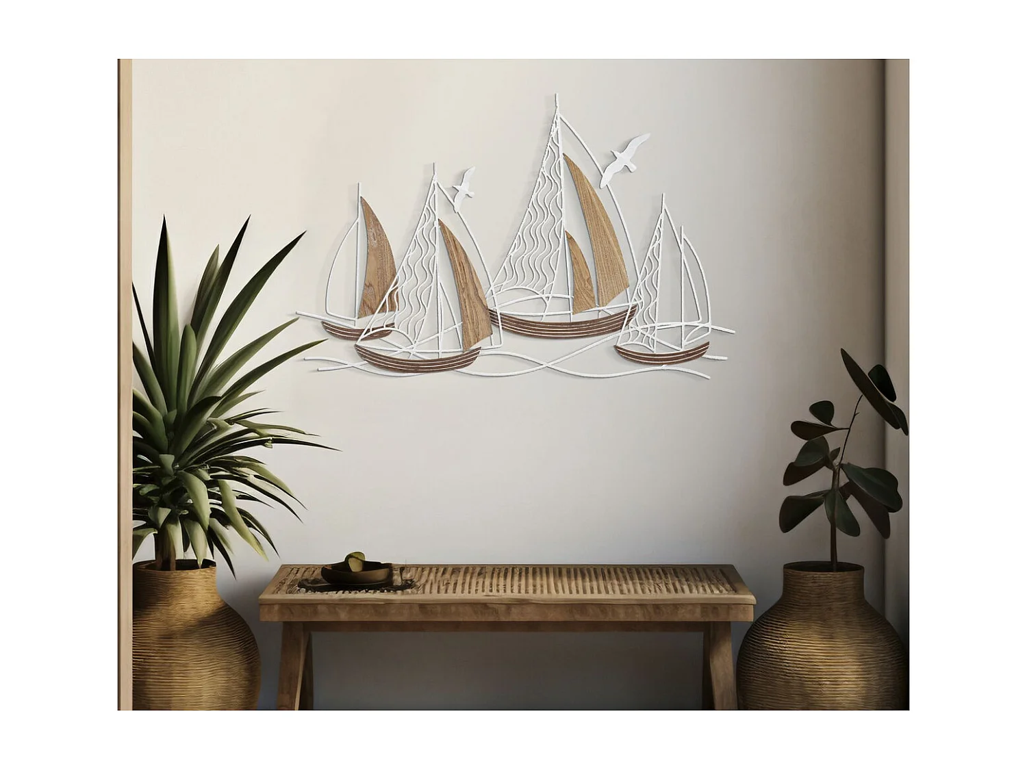 Metalen en Houten Decoratie Boten 8, Bruin, 89,5x3,8x57,8 cm, Seven Design