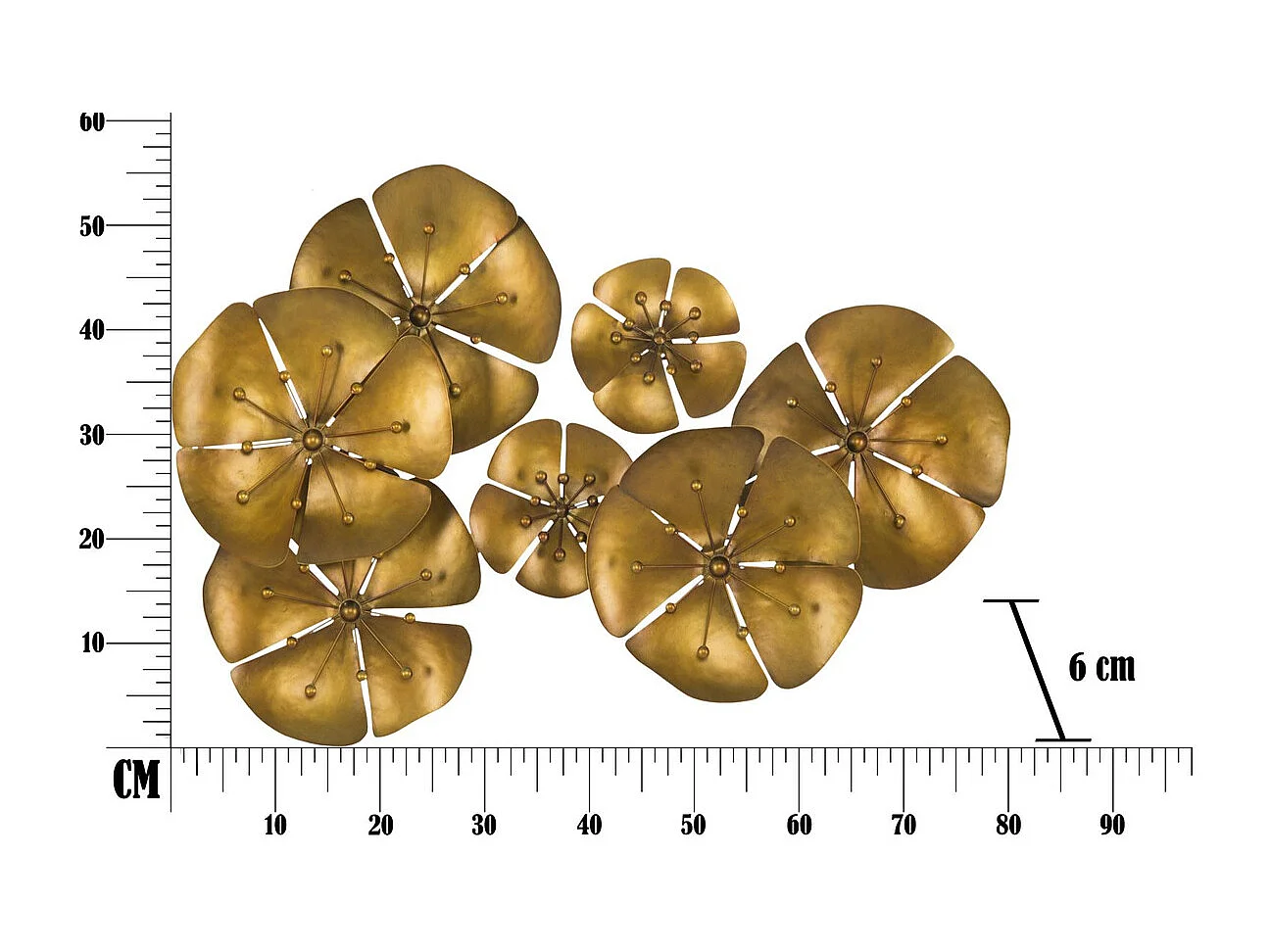 Decoração de Metal 3D Flores 18, Ouro, 80x6x57 cm, Seven Design