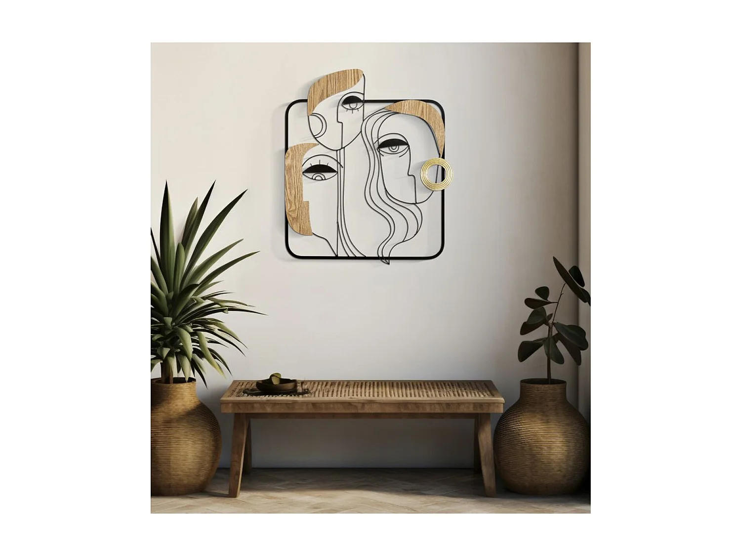 Décoration en Métal et Bois Visages 2, Marron, 52x2x63 cm, Seven Design