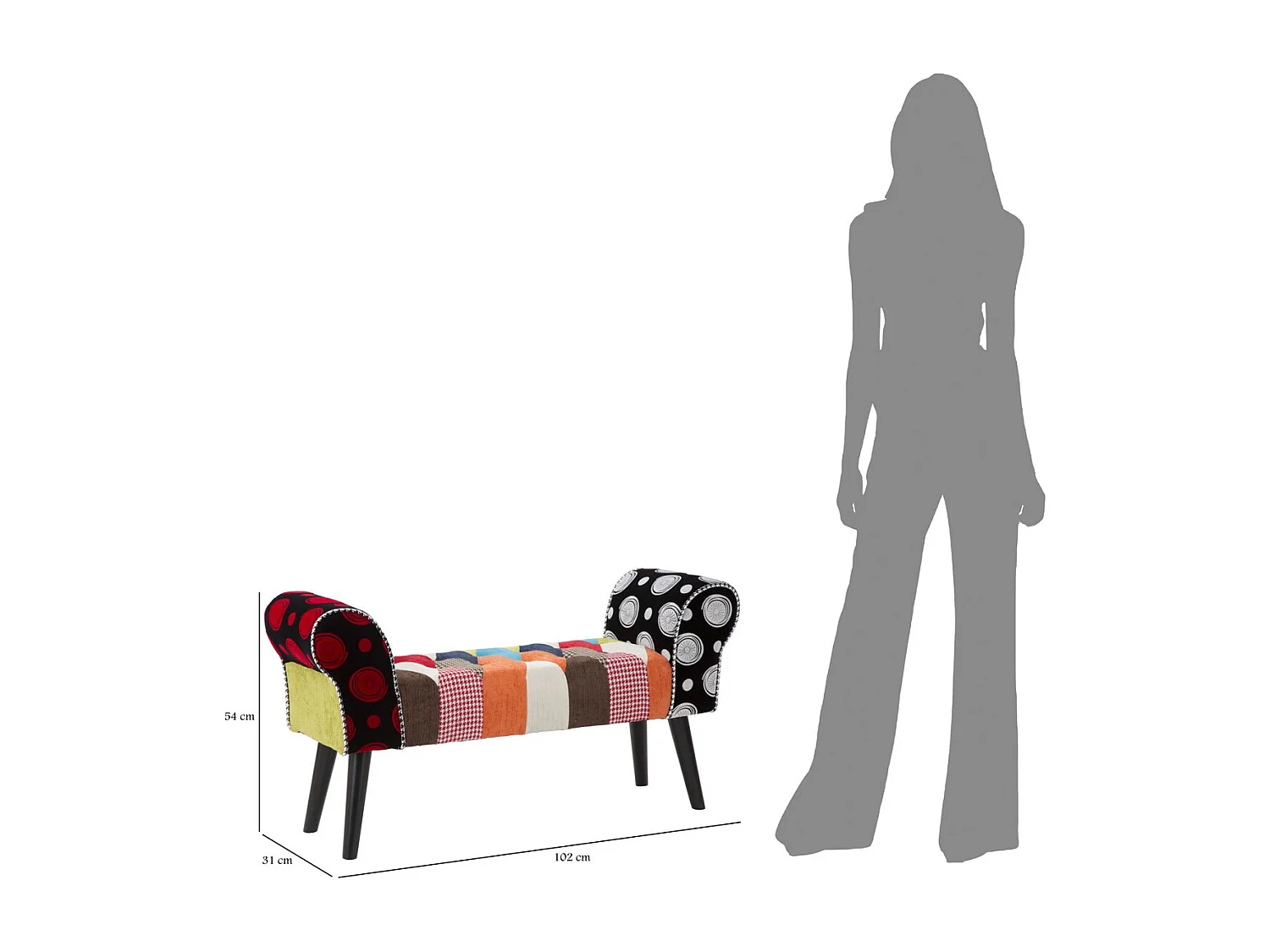 Banc Patchwork, Multicouleur, 102x31x54 cm, Seven Design