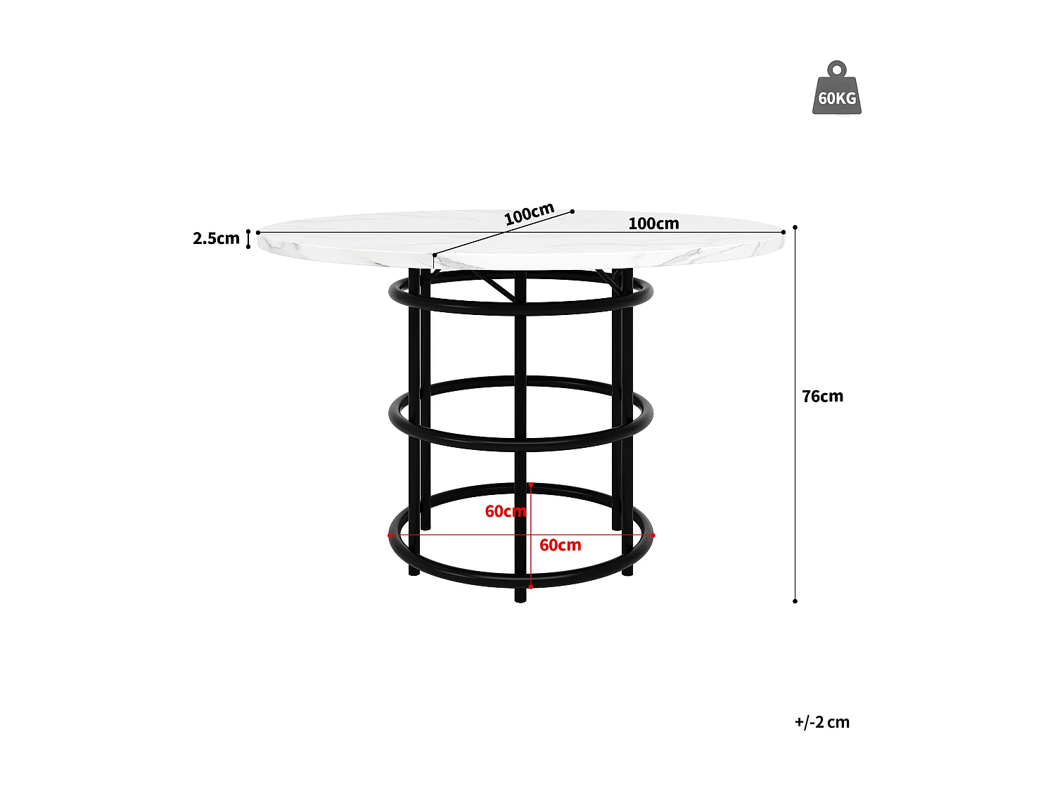Tavolo da pranzo rotondo per 4/6 persone - P 100 x H 76 cm - Piano in marmo - Gambe in MDF e metallo - Bianco + nero