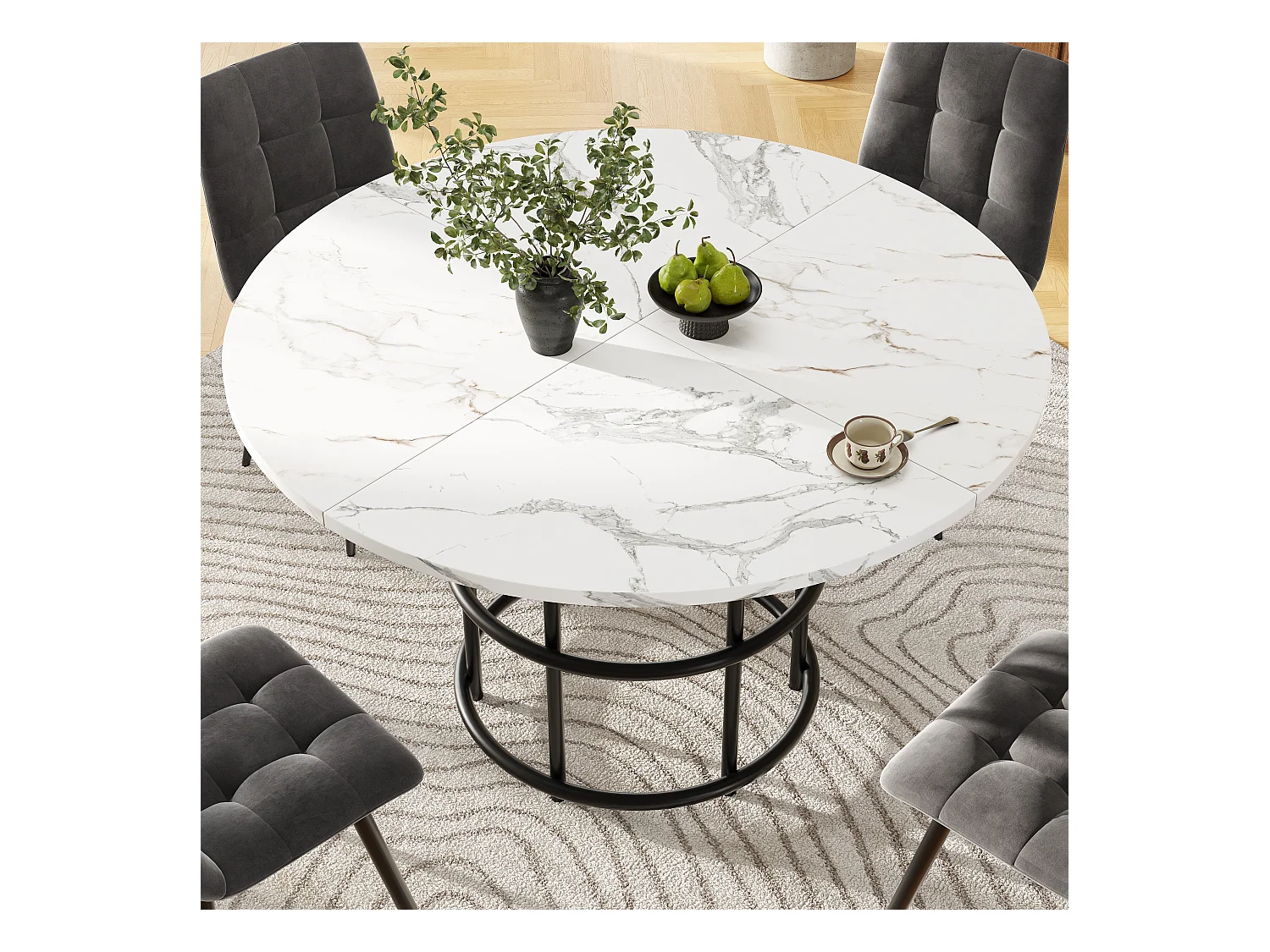 Runder Esstisch für 4 bis 6 Personen – T 100 x H 76 cm – Marmorplatte – MDF und Metallbeine – Weiß + Schwarz