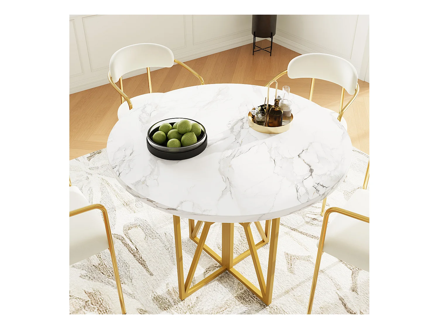 Mesa de comedor redonda para 4 a 6 personas - Pr 80 x Al 76 cm - Tablero de MDF jaspeado y patas de metal dorado - Blanco + oro