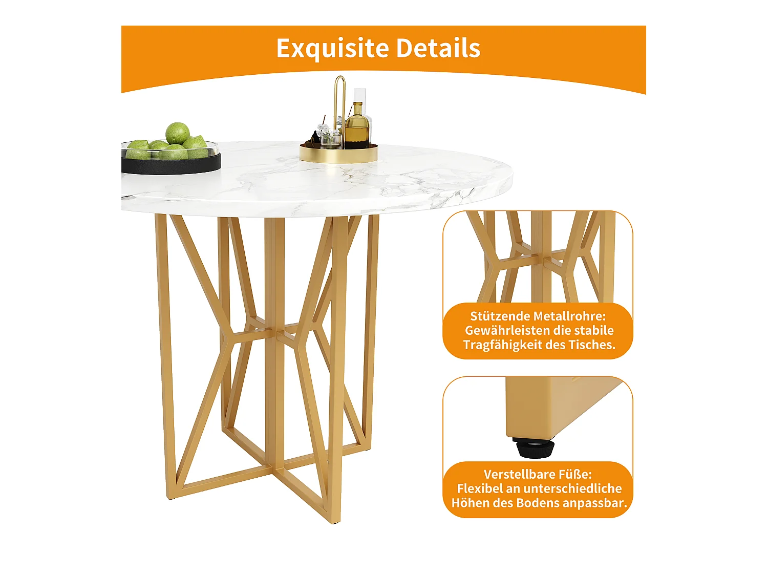 Mesa de comedor redonda para 4 a 6 personas - Pr 80 x Al 76 cm - Tablero de MDF jaspeado y patas de metal dorado - Blanco + oro