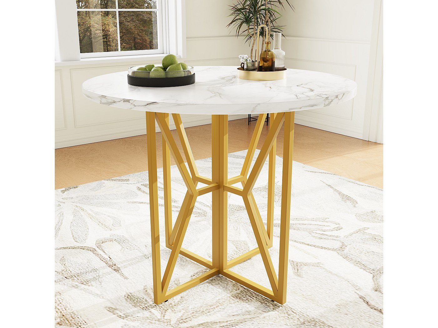 Table À Manger Ronde Extensible Céramique Marbre Blanc Et Pied Doré Mikka - Maison