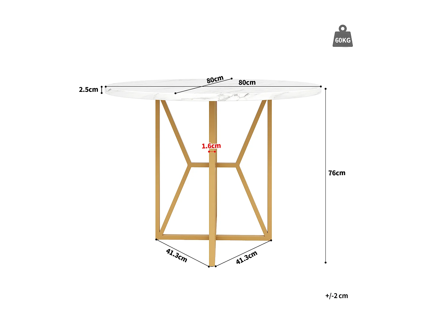 Ronde eettafel voor 4/6 personen - D 80 x H 76 cm - Blad van gemarmerd MDF en poten van goudkleurig metaal - Wit + goud