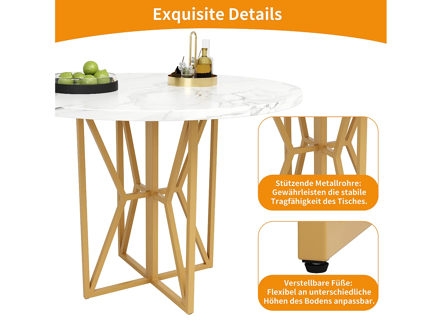 Ronde eettafel voor 4/6 personen - D 80 x H 76 cm - Blad van gemarmerd MDF en poten van goudkleurig metaal - Wit + goud