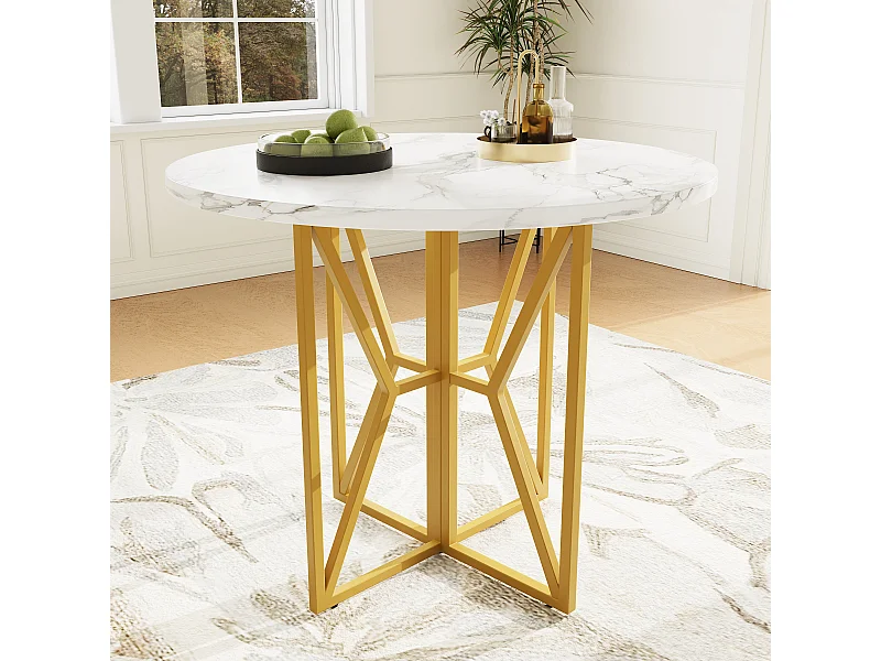 Runder Esstisch für 4 bis 6 Personen – T 80 x H 76 cm – Marmorierte MDF-Platte und goldene Metallbeine – Weiß + Gold