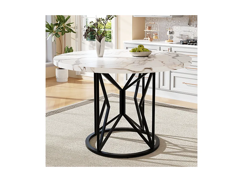 Tavolo da pranzo rotondo per 4/6 persone - P 100 x H 76 cm - Piano in MDF marmorizzato e gambe in metallo - Bianco + nero