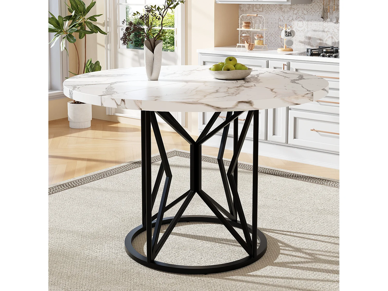 Tavolo da pranzo rotondo per 4/6 persone - P 100 x H 76 cm - Piano in MDF marmorizzato e gambe in metallo - Bianco + nero