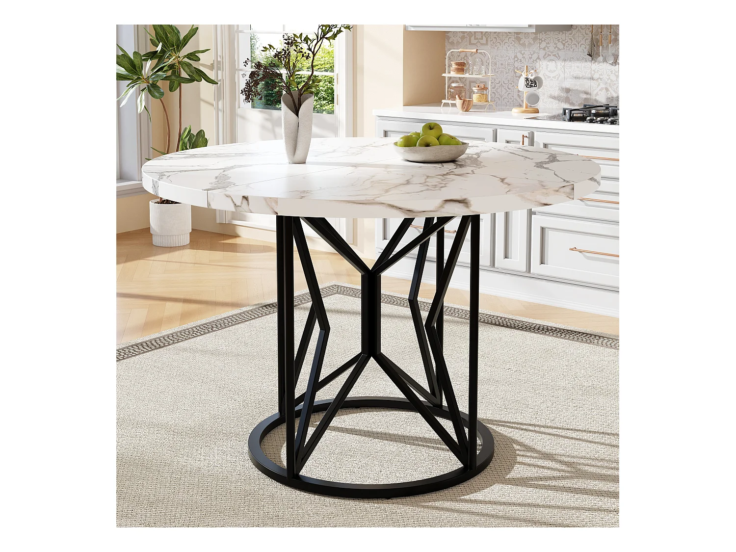 Table à manger ronde 4 à 6 couverts - D 100 x H 76 cm - Plateau en MDF marbré et pièds en métal - Blanc + noir