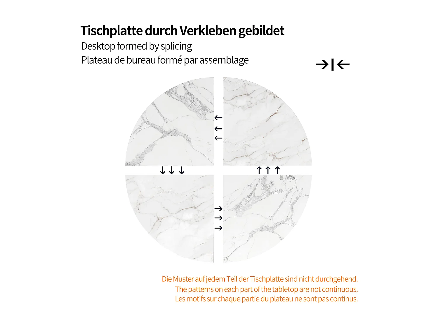 Runder Esstisch für 4 bis 6 Personen – T 100 x H 76 cm – Marmorierte MDF-Platte und Metallbeine – Weiß + Schwarz