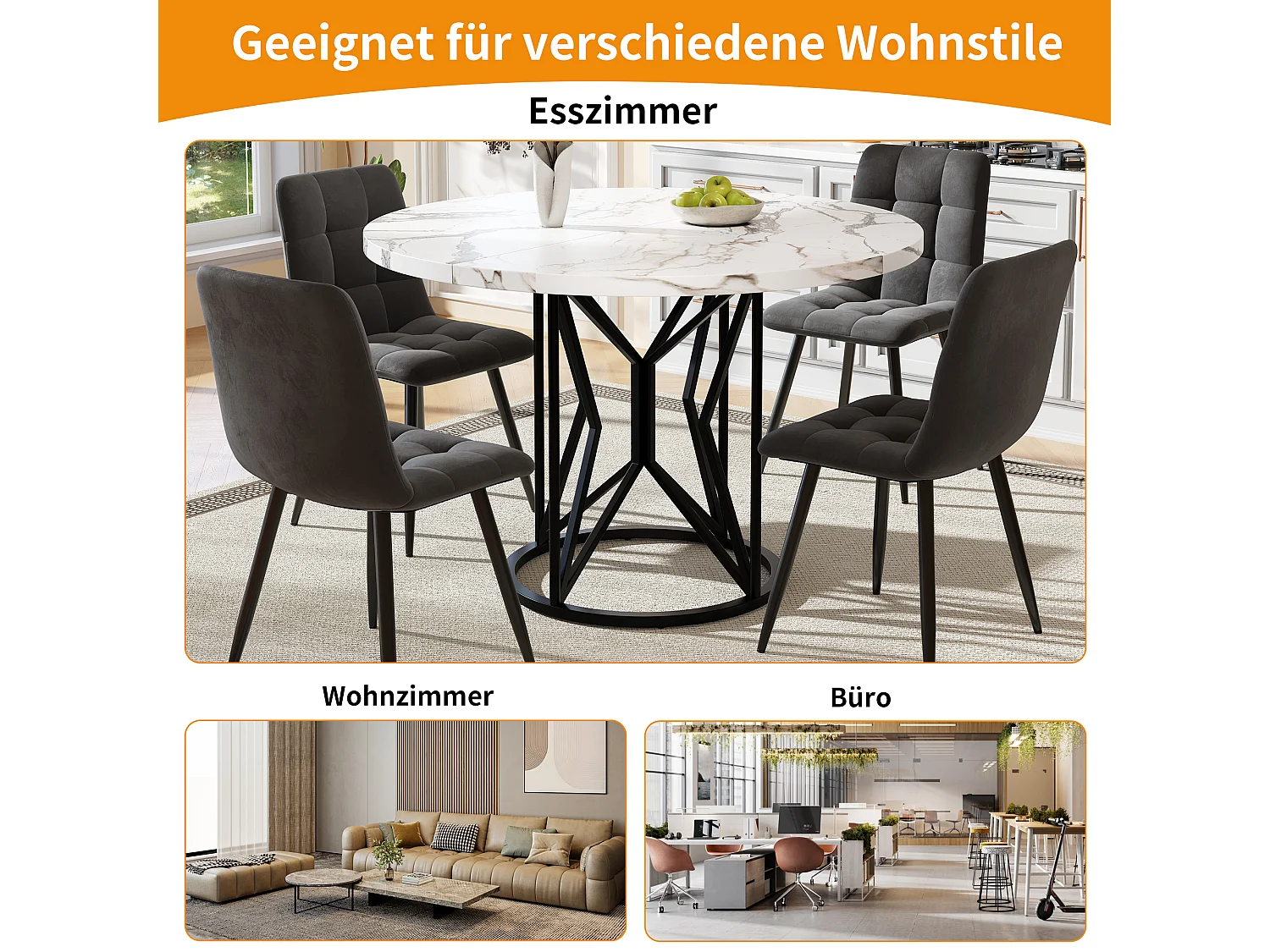 Runder Esstisch für 4 bis 6 Personen – T 100 x H 76 cm – Marmorierte MDF-Platte und Metallbeine – Weiß + Schwarz