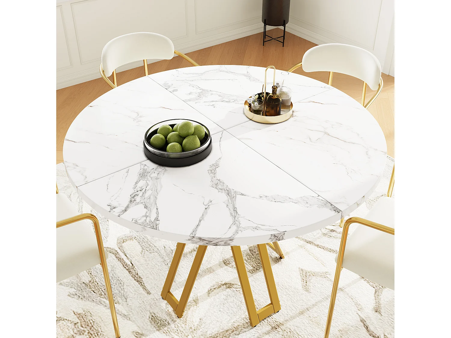 Table à manger ronde 4 à 6 couverts - D 100 x H 76 cm - Plateau en MDF marbré et pièds en métal doré - Blanc + or