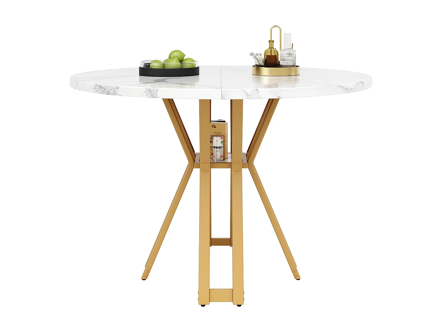 Table à manger ronde 4 à 6 couverts - D 100 x H 76 cm - Plateau en MDF marbré et pièds en métal doré - Blanc + or