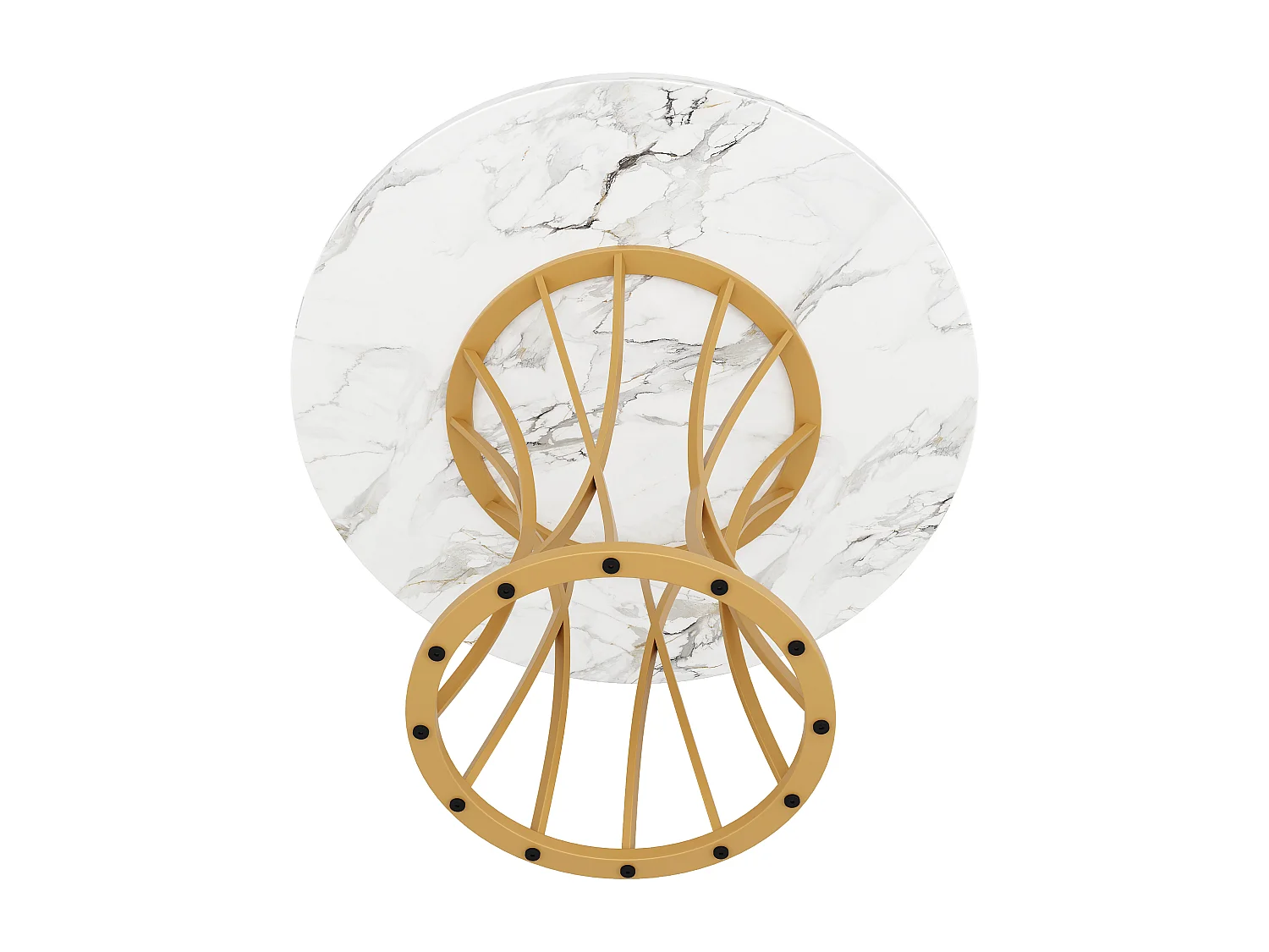 Ronde eettafel voor 4/6 personen - D 80 x H 76 cm - Blad van gemarmerd MDF en poten van goudkleurig metaal - Wit + goud