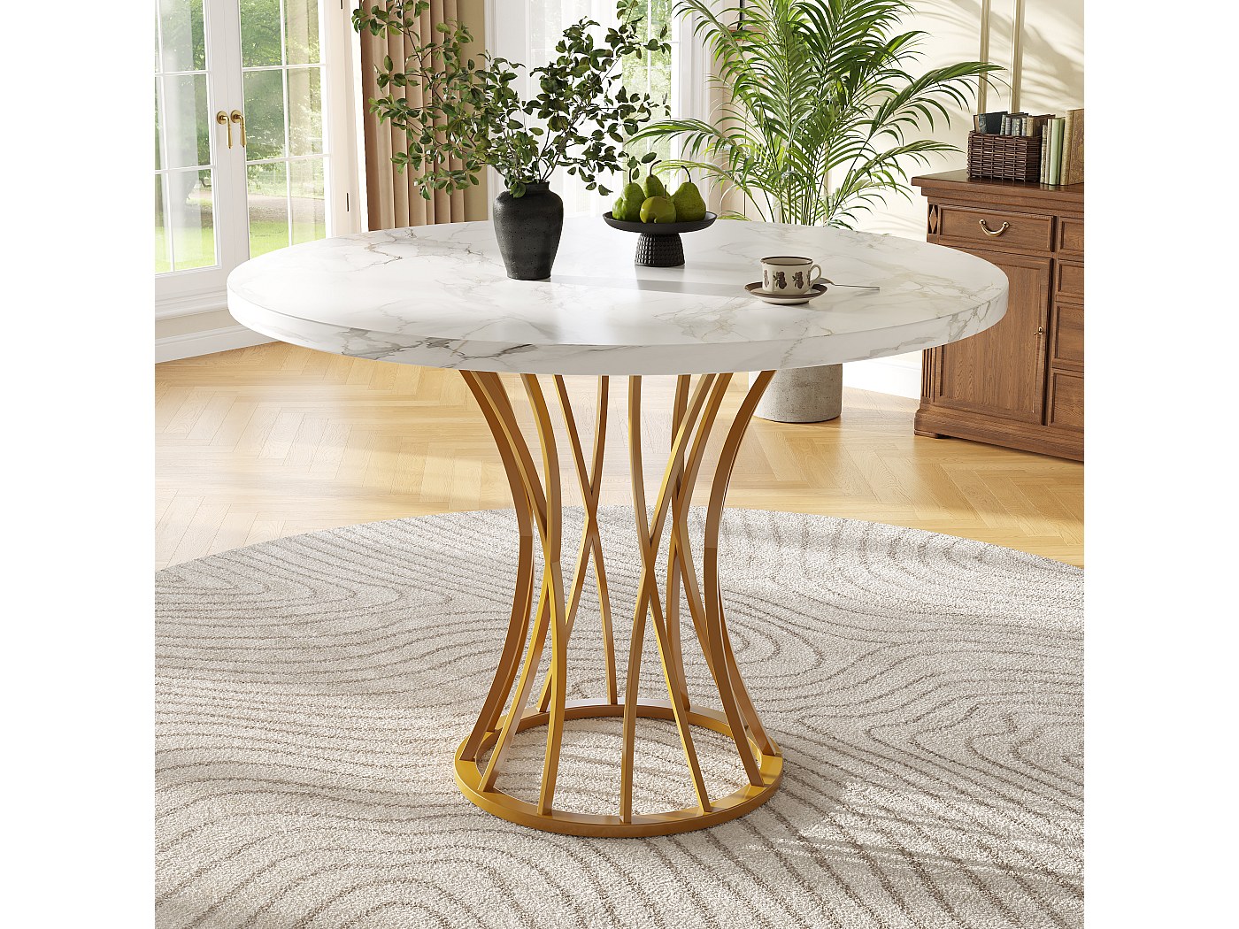 Ronde Eettafel Voor 4/6 Personen - D 80 X H 76 Cm - Blad Van Gemarmerd Mdf En Poten Van Goudkleurig Metaal Wit Goud