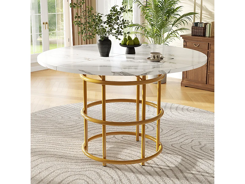 Table à manger ronde 4 à 6 couverts - D 100 x H 76 cm - Plateau marbré - MDF et pièds en métal dorés - Blanc + or