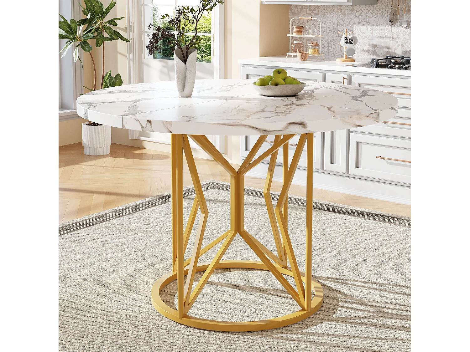 Table à manger ronde 4 à 6 couverts - D 100 x H 76 cm - Plateau en MDF marbré et pièds en métal doré - Blanc + or