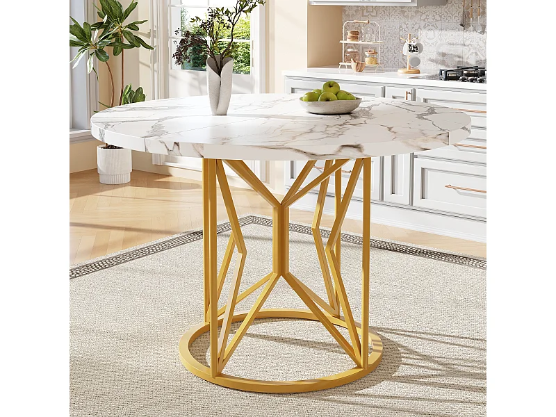 Runder Esstisch für 4 bis 6 Personen – T 100 x H 76 cm – Marmorierte MDF-Platte und goldene Metallbeine – Weiß + Gold