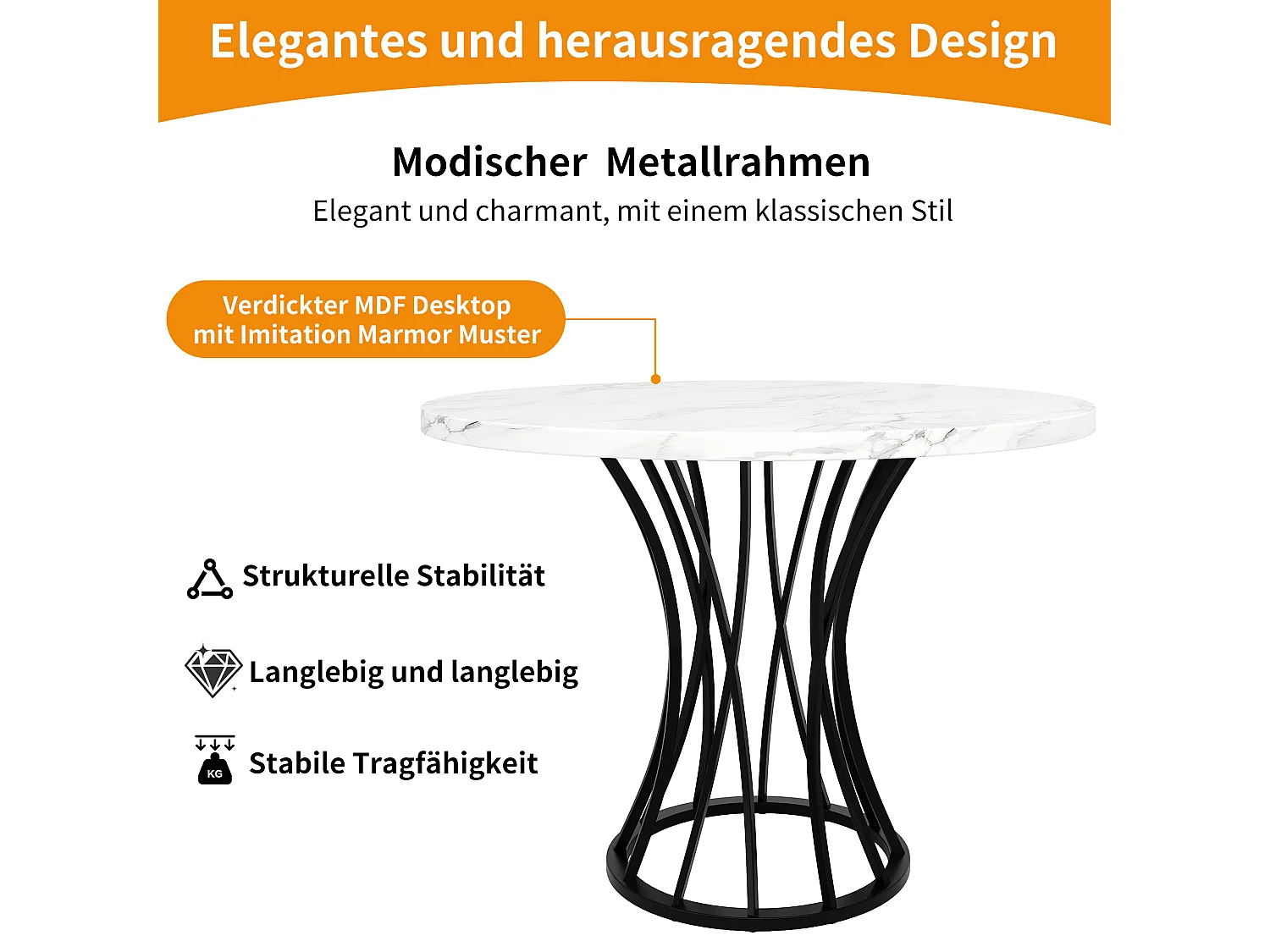 Runder Esstisch für 4 bis 6 Personen – T 80 x H 76 cm – Marmorierte MDF-Platte und Metallbeine – Weiß + Schwarz