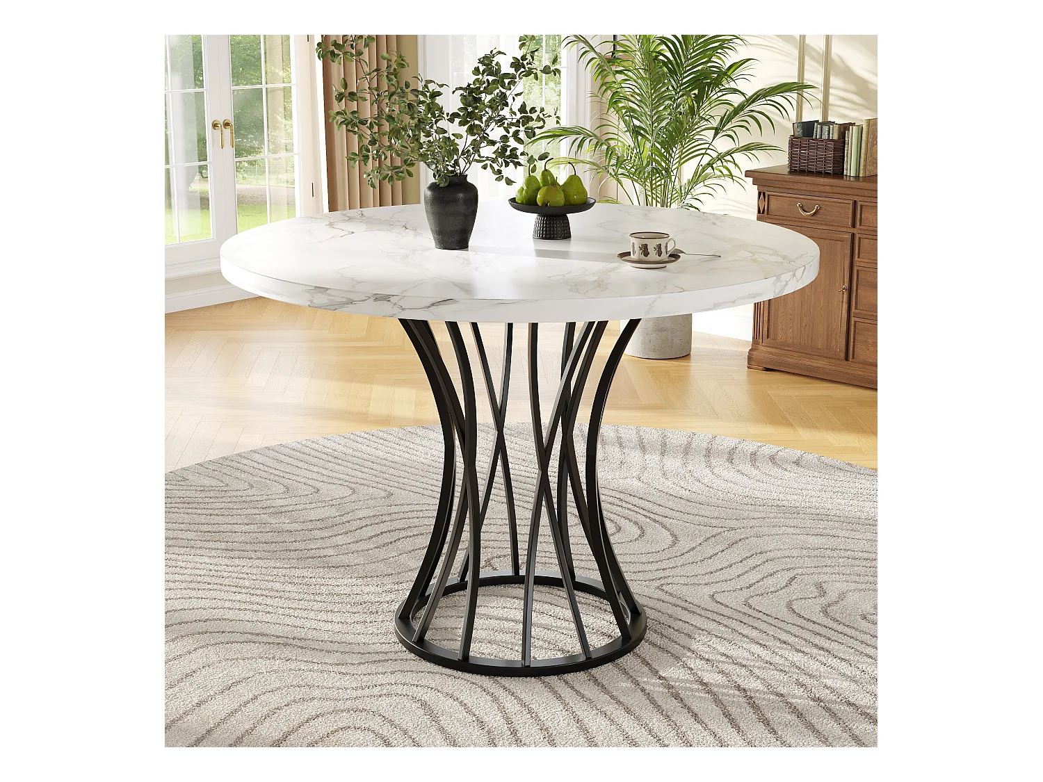 Table à manger ronde 4 à 6 couverts - D 80 x H 76 cm - Plateau en MDF marbré et pièds en métal - Blanc + noir