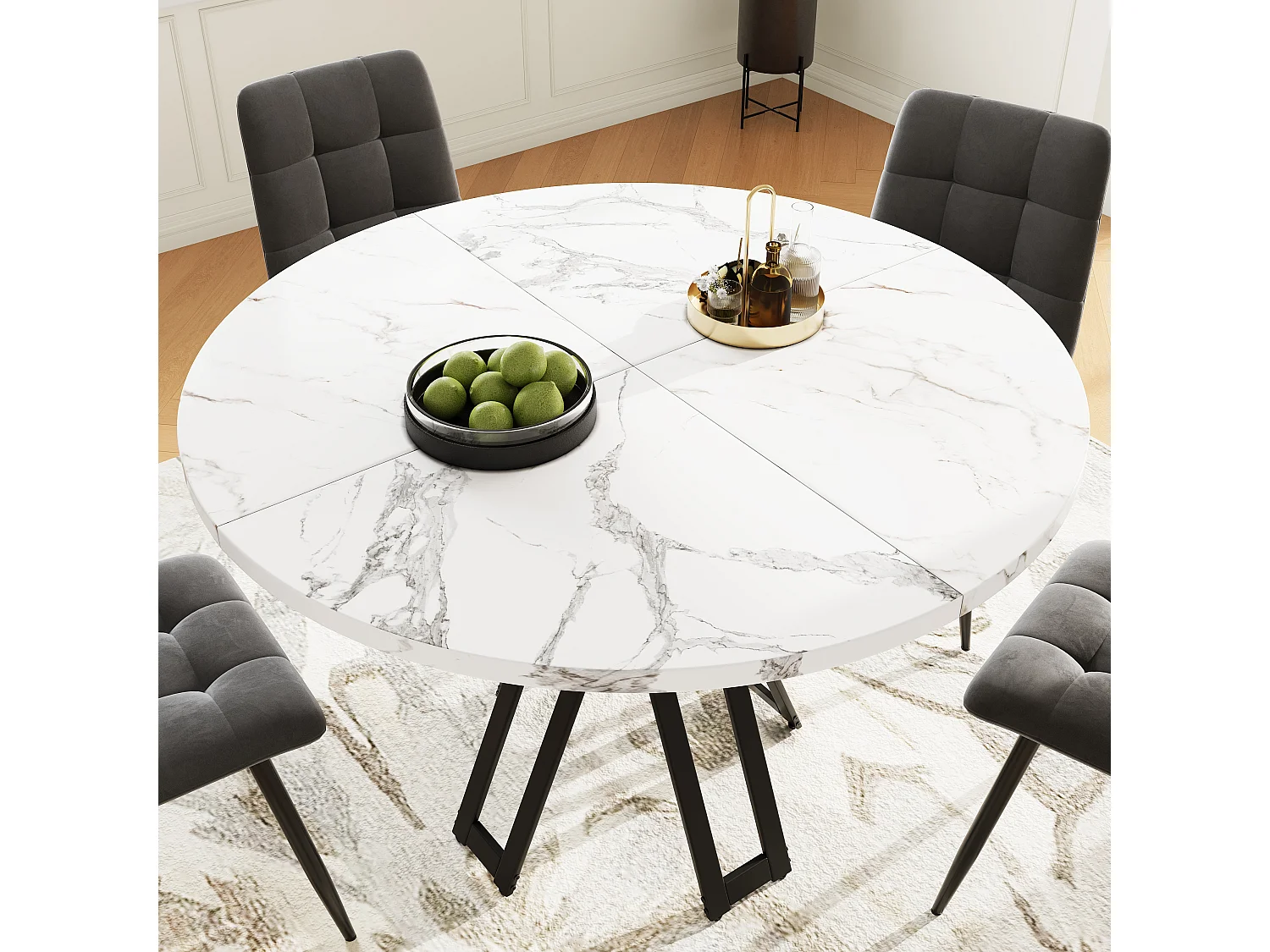 Table à manger ronde 4 à 6 couverts - D 100 x H 76 cm - Plateau en MDF marbré et pièds en métal - Blanc + noir