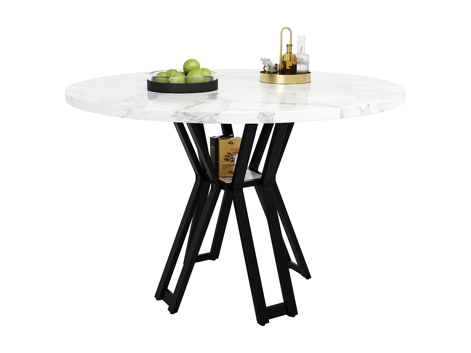 Table à manger ronde 4 à 6 couverts - D 100 x H 76 cm - Plateau en MDF marbré et pièds en métal - Blanc + noir
