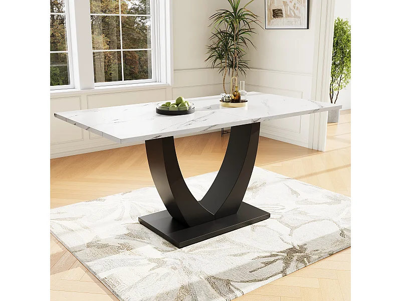 Table à manger 4 à 6 couverts - 140 x 75 x 75.5 cm - MDF + Pieds en métal - Effet marbre - Blanc + noir