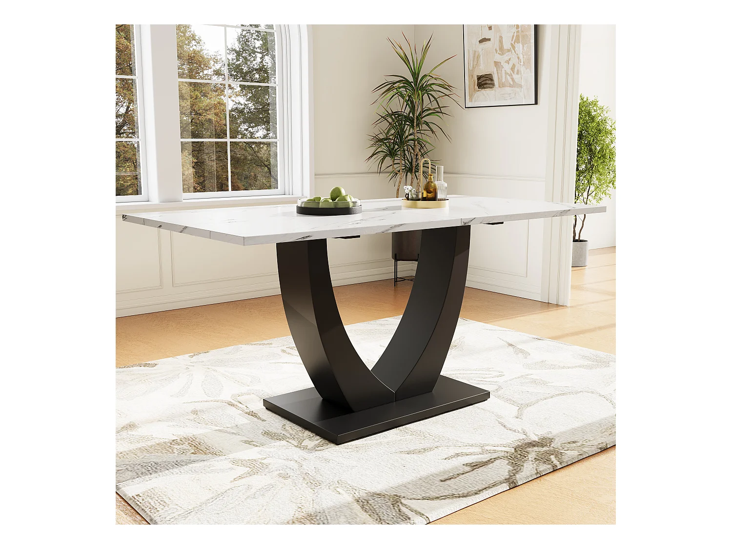 Eettafel voor 4/6 personen - 140 x 75 x 75,5 cm - MDF + Metalen poten - Marmereffect - Wit + zwart
