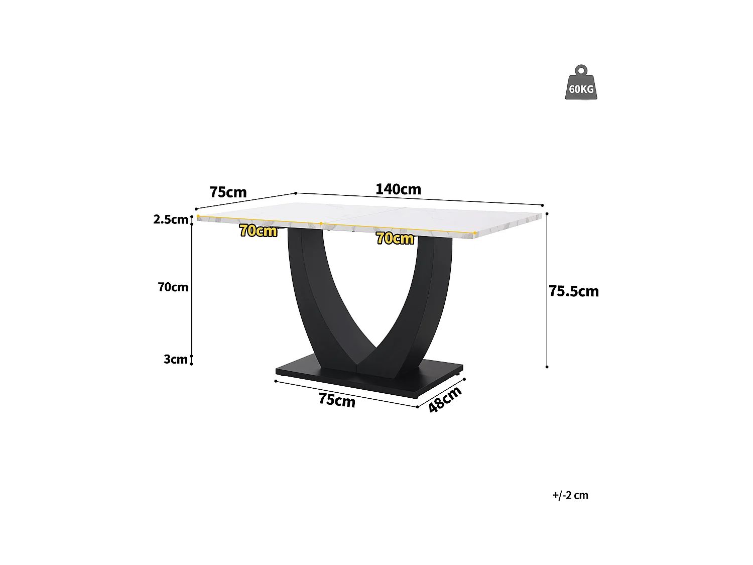 Eettafel voor 4/6 personen - 140 x 75 x 75,5 cm - MDF + Metalen poten - Marmereffect - Wit + zwart