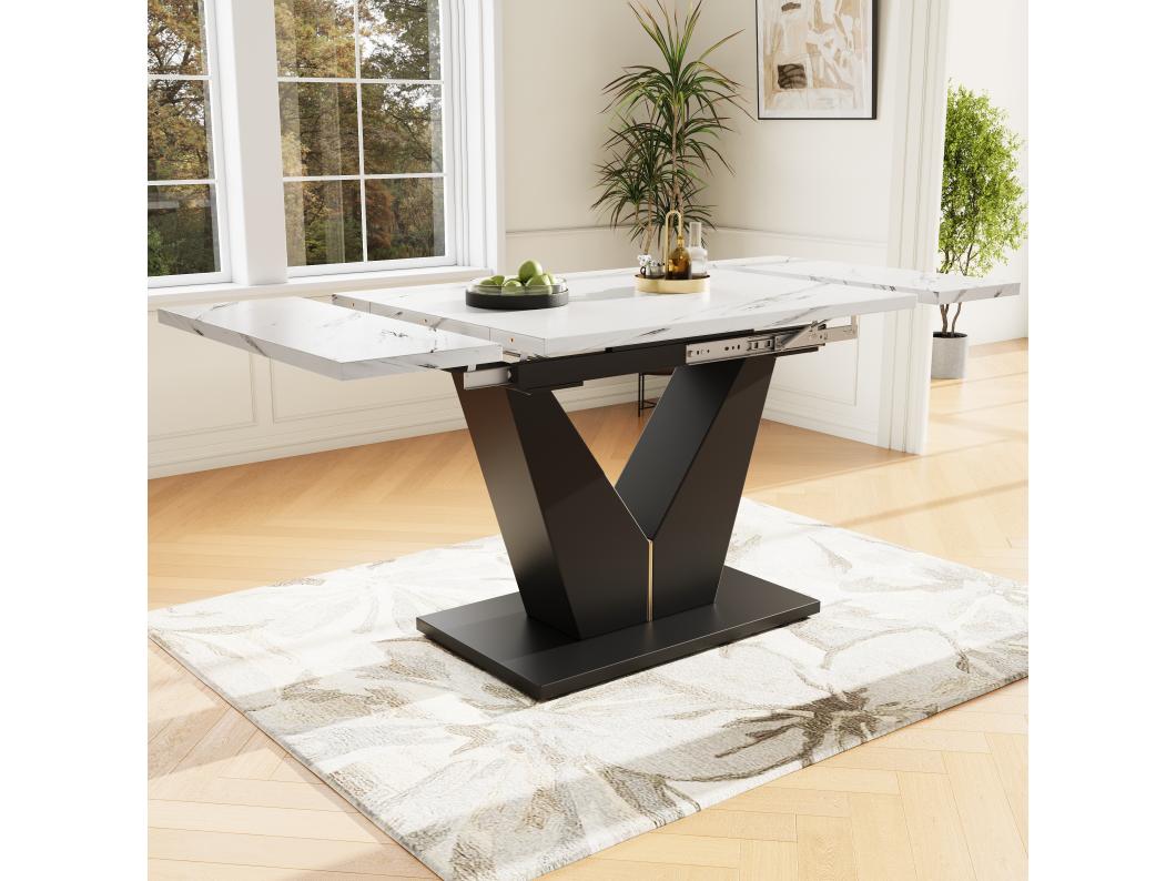 Tavolo da pranzo estensibile per 4/6 persone - 99/159 x 75 x 75 cm - MDF + Gambe in metallo - Effetto marmo - Bianco + nero