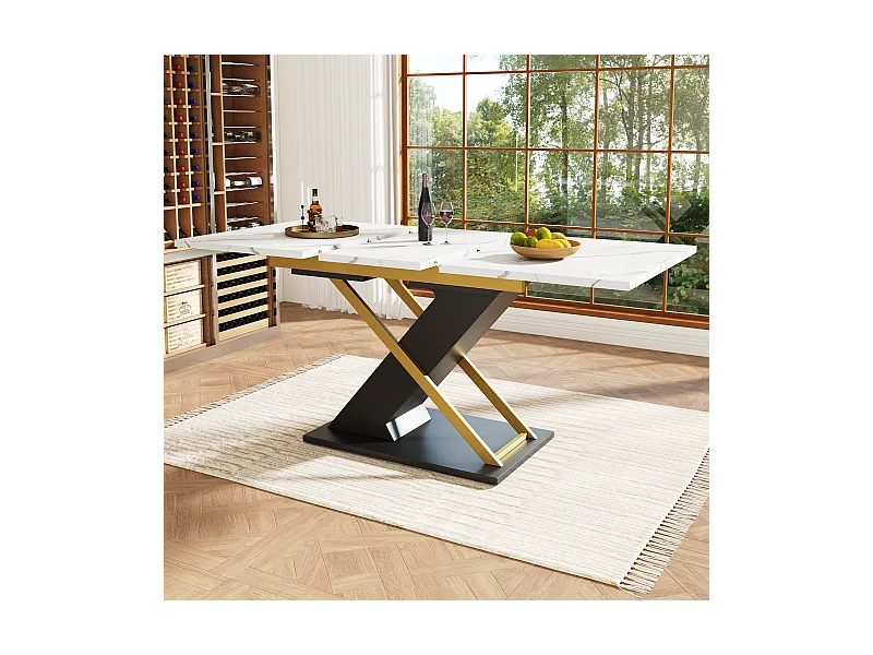 Tavolo da pranzo estensibile per 4/6 persone - 120/160 x 80 x 75,4 cm - MDF + gambe in metallo incrociate - Bianco + nero