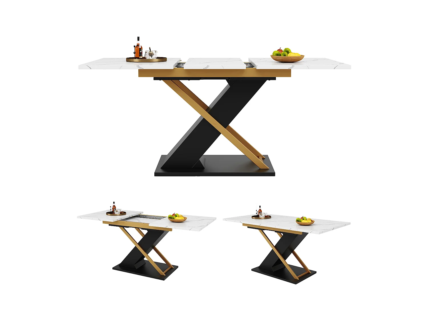 Uitschuifbare eettafel voor 4/6 personen - 120/160 x 80 x 75,4 cm - MDF + gekruiste metalen poten - Wit + Zwart