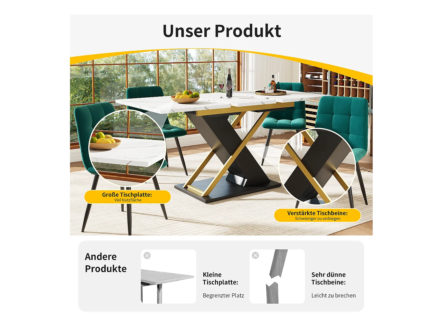Uitschuifbare eettafel voor 4/6 personen - 120/160 x 80 x 75,4 cm - MDF + gekruiste metalen poten - Wit + Zwart