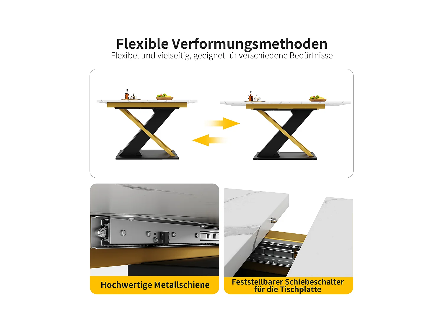 Uitschuifbare eettafel voor 4/6 personen - 120/160 x 80 x 75,4 cm - MDF + gekruiste metalen poten - Wit + Zwart